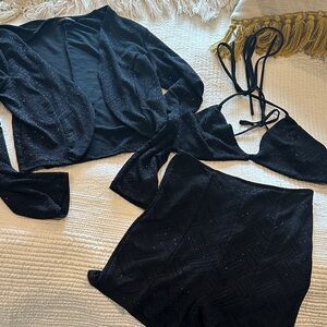 Sparkling Black 3-Piece Set - Cropped Jacket, Bralette & Shorts
